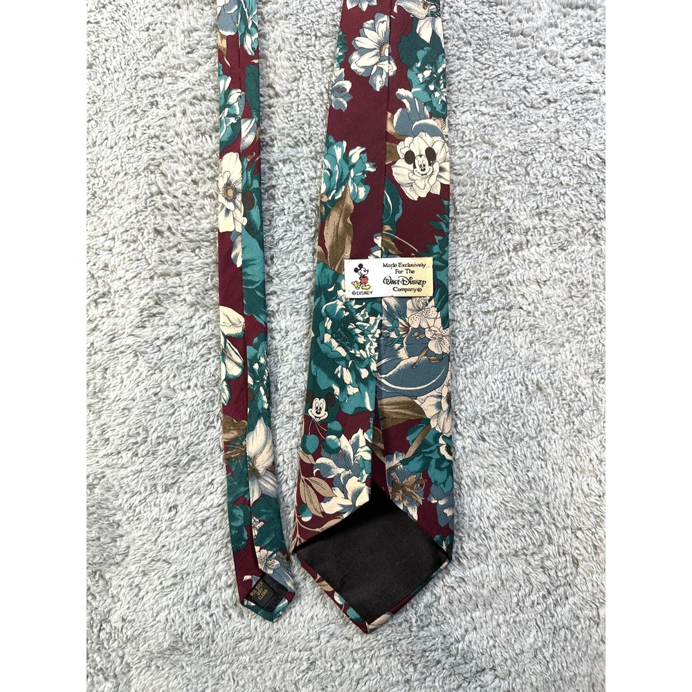 Vintage Mickey Mouse Walt Disney Silk Tie necktie Burgundy Hawaiian floral